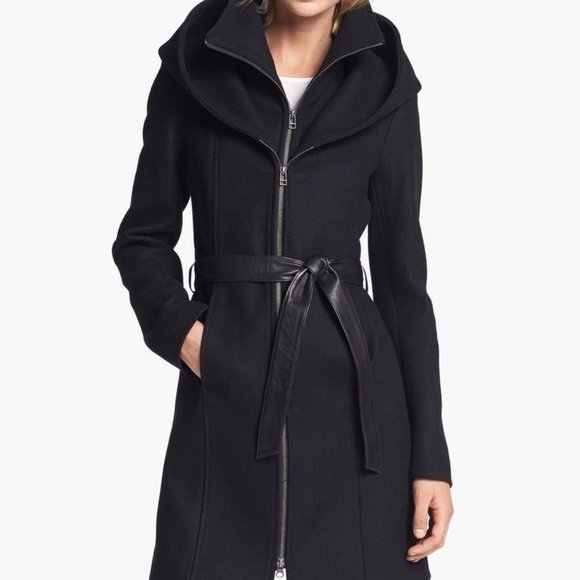 Soia & Kyo hooded wool blend coat with belt and interior vest — Black - Picture 1 of 3